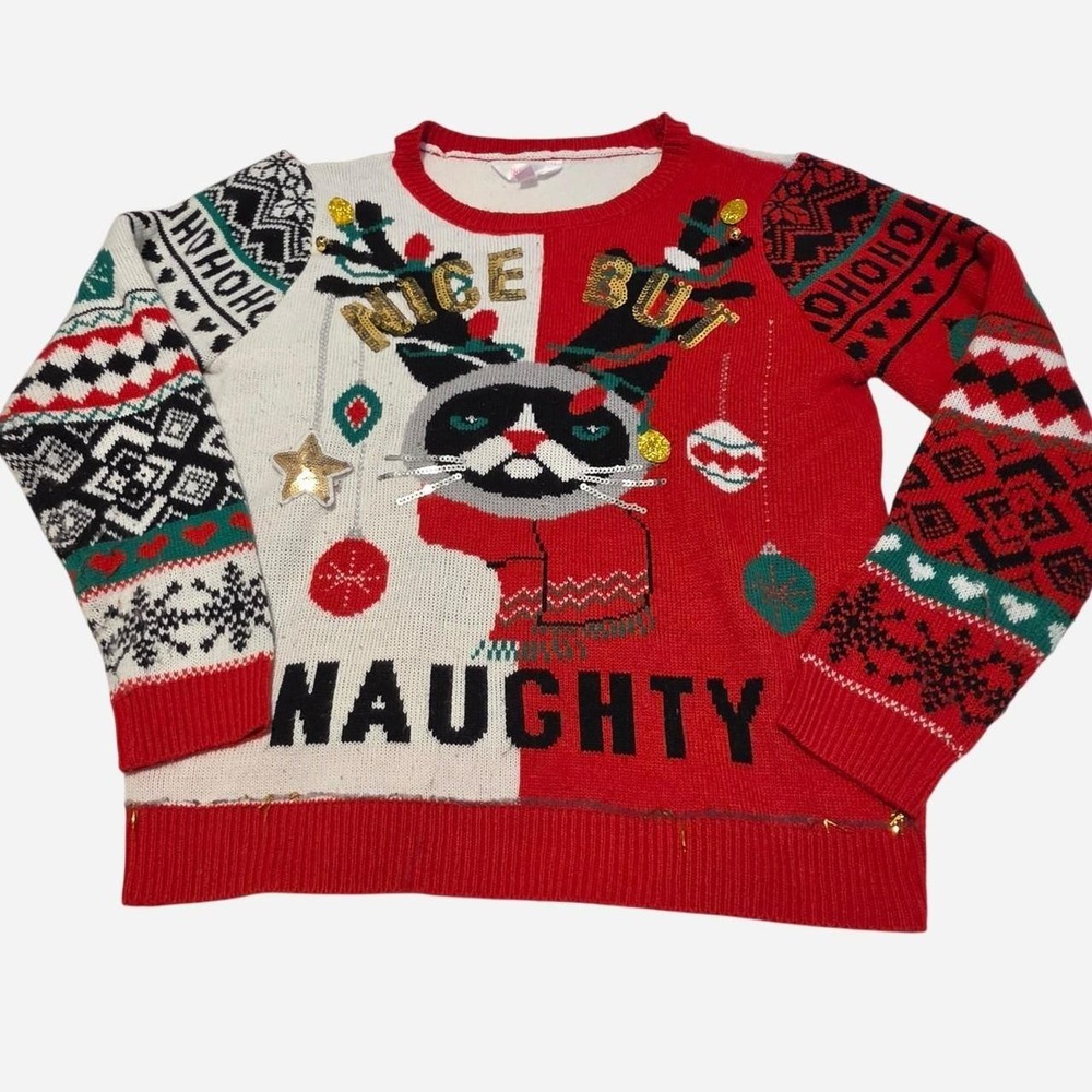 No Boundaries Grumpy Cat Christmas sweater with reindeer and 'NAUGHTY' text